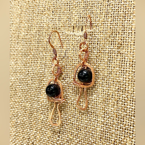 HANDMADE Mushroom Black Onyx and Hand Wrapped Bare Copper Dangle Earrings - Picture 8 of 9